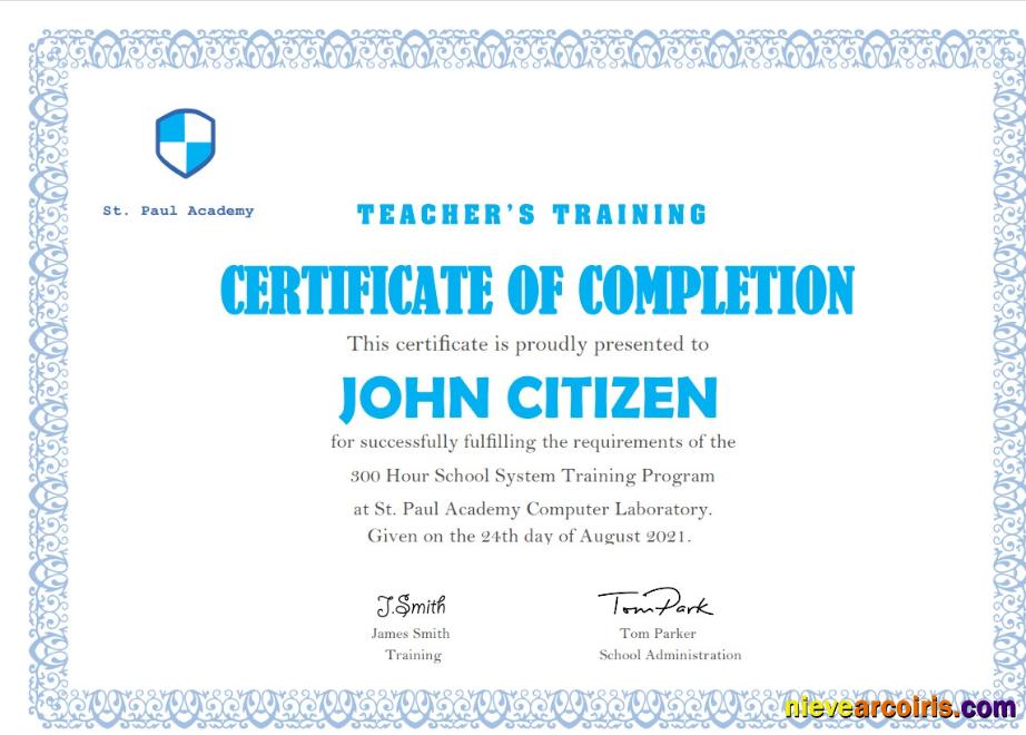 USA Teacher’s Training Completion certificate